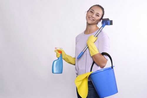 Carpet cleaning professional preparing equipment safely in a home