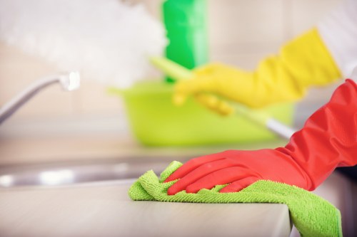 Safe carpet cleaning process with clear walkways and warning measures